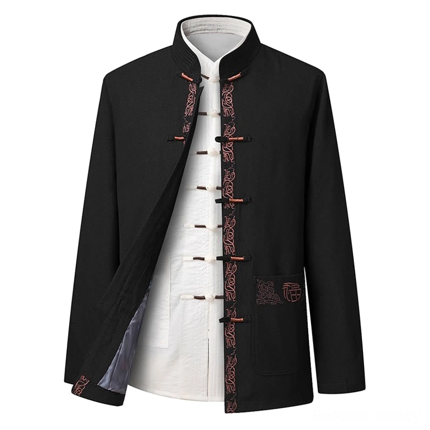 Men's black Tang suit with bronze Fu character embroidery, white inner shirt visible, layered display