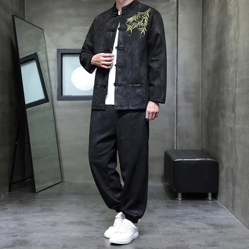 Front full view of Tang suit two-piece set with hands at rest in natural pose
