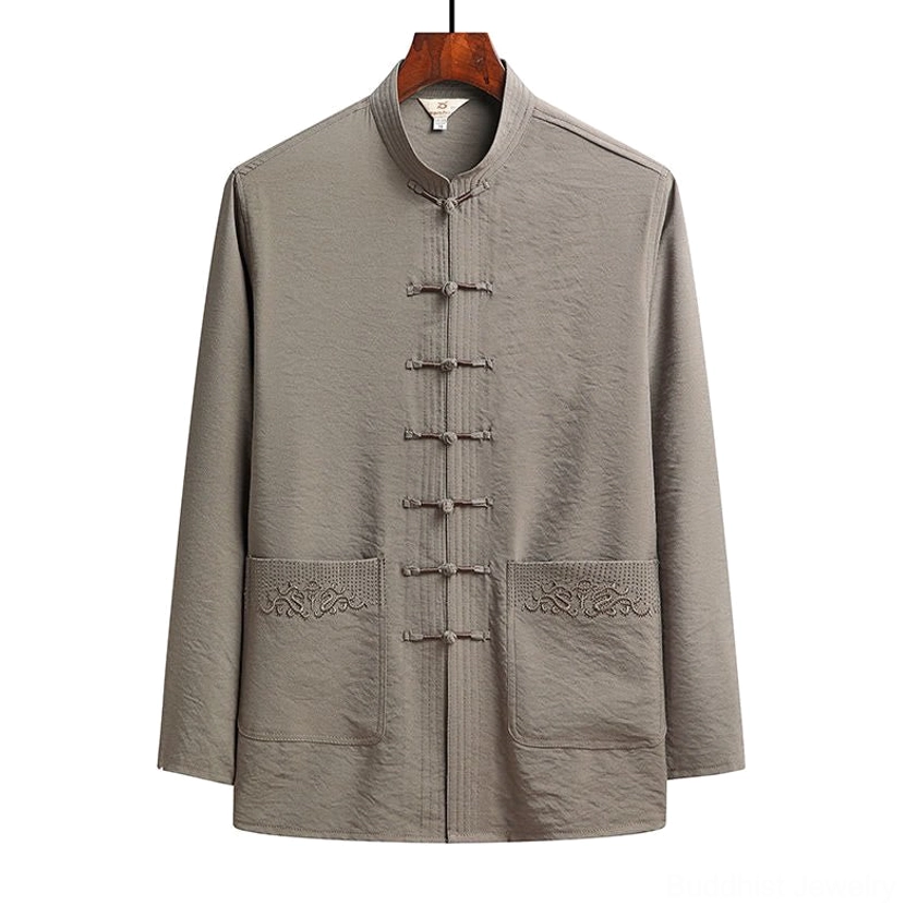 Tang suit full body view with traditional frog button closures and symmetrical embroidered pocket design