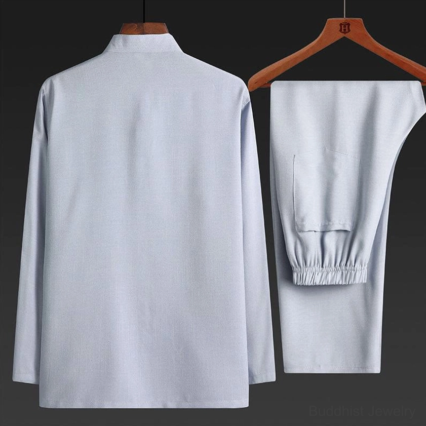 Tang suit back view - light gray shirt and matching pants with clean back design