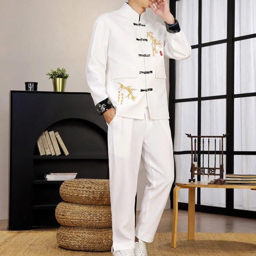 Tang suit two-piece set detail - hand-crafted frog button closures and traditional construction