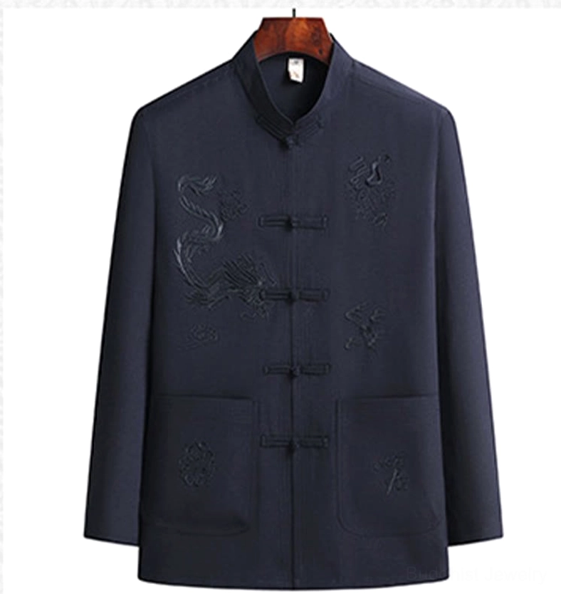 Tang suit craftsmanship detail - artisan-made frog buttons and embroidery showcasing traditional Chinese sewing techniques and handcrafted quality