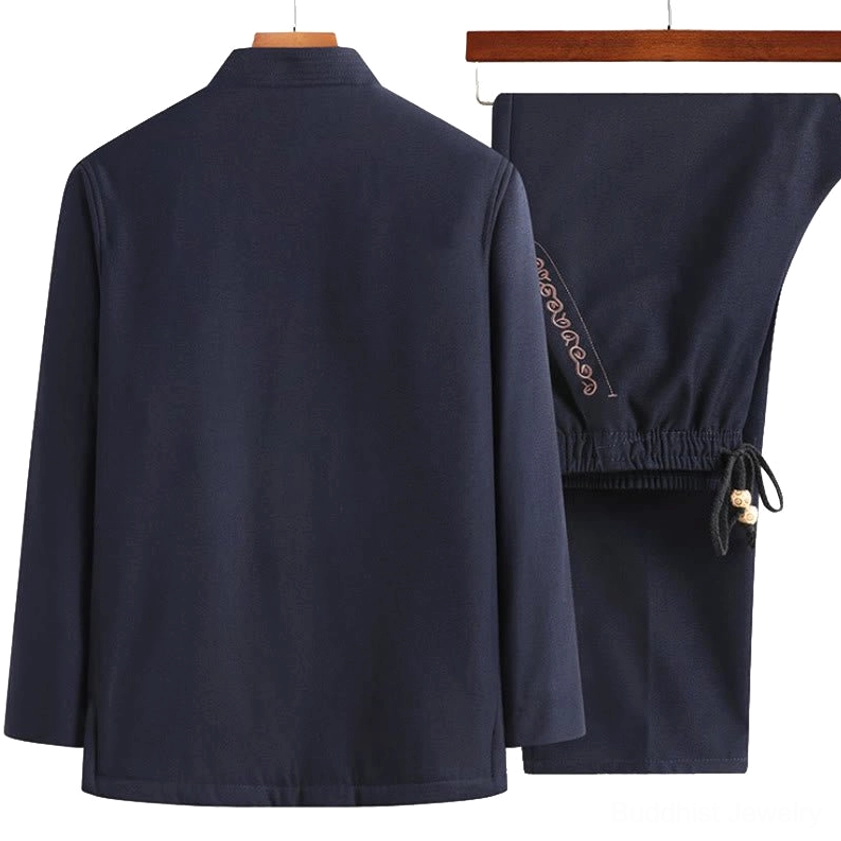 Men's Tang suit jacket back view with matching elastic waist drawstring pants on wooden hanger