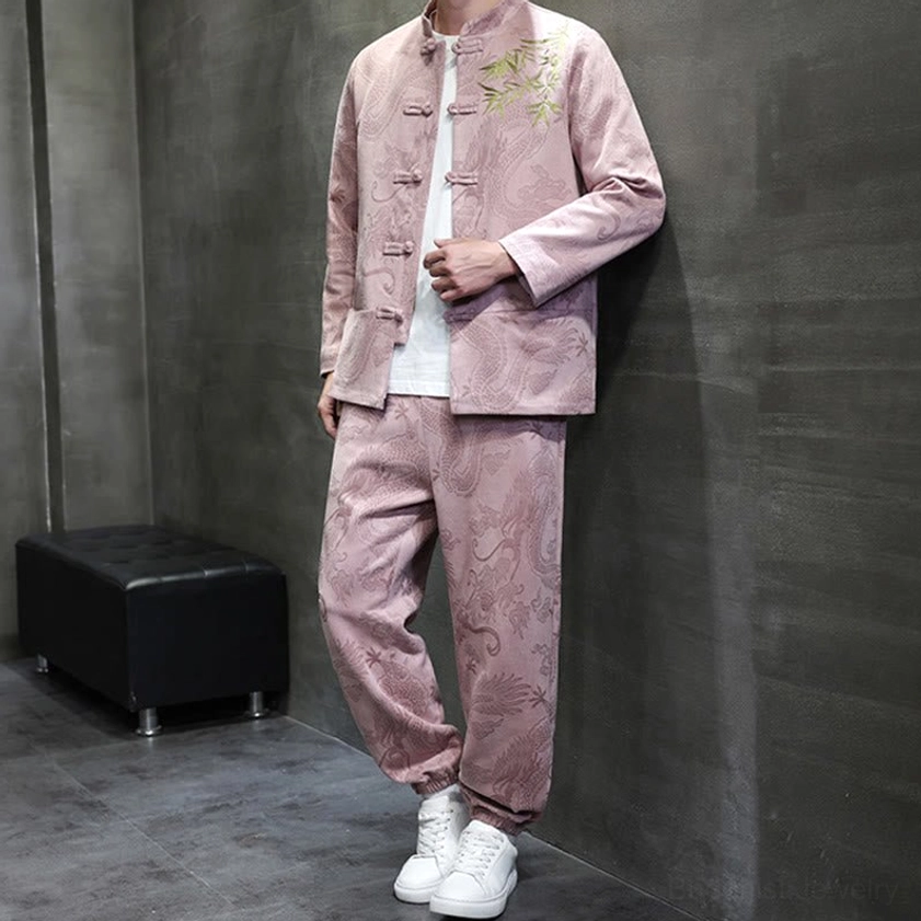 Tang suit jacket and pants ensemble showing size scale and fit on male model