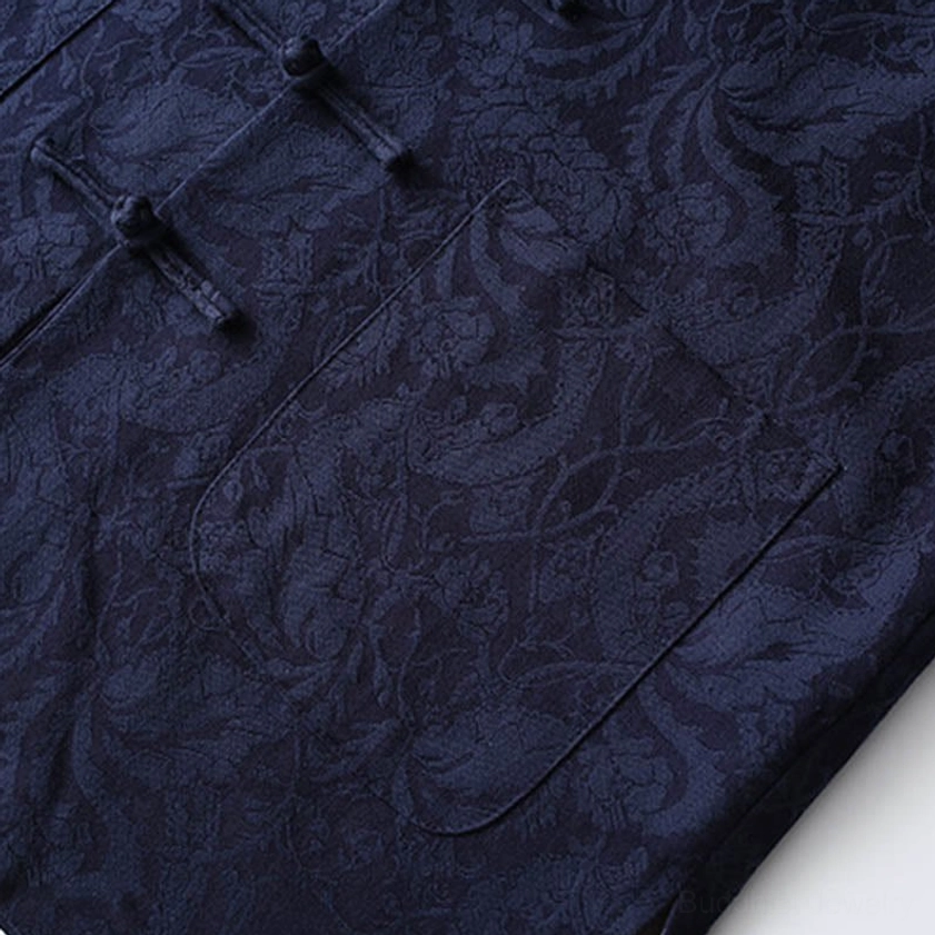 Men's Tang suit jacket welt pocket with navy jacquard vine pattern close-up
