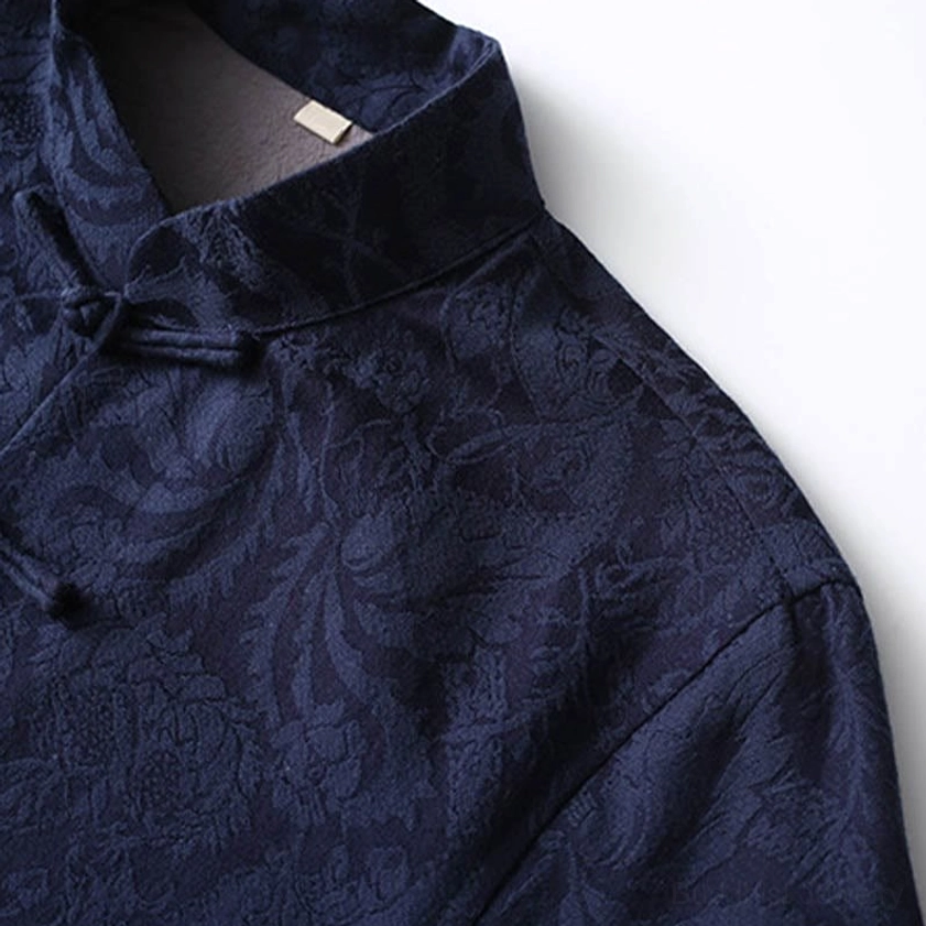 Men's Tang suit jacket shoulder and collar side view - navy jacquard vine weave fabric detail