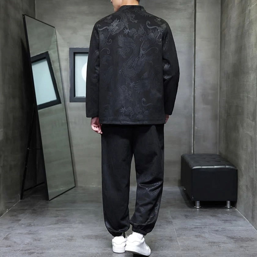 Tang suit two-piece set side profile showing jacket silhouette and pants drape