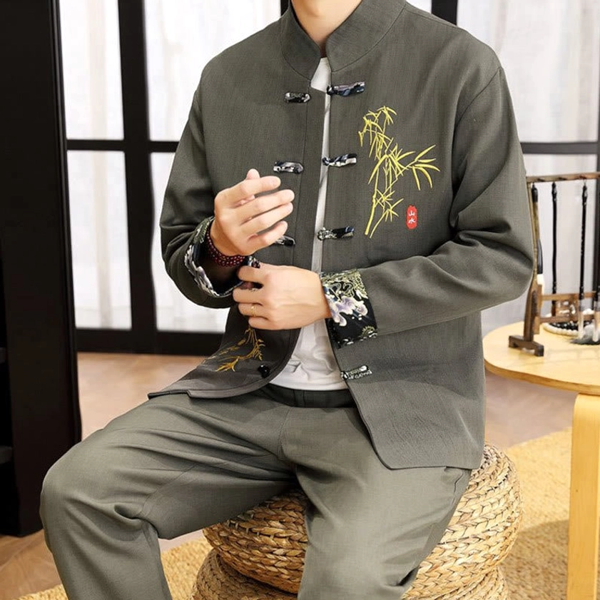 Tang suit men's set crimson shade - full body view showing traditional Chinese design elements