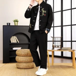 Men's traditional Tang suit two-piece set with bamboo embroidery and frog buttons - full body front view