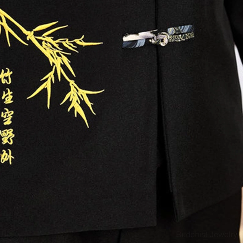 Men's Tang suit left front detail - Chinese calligraphy and yellow bamboo pattern embroidery