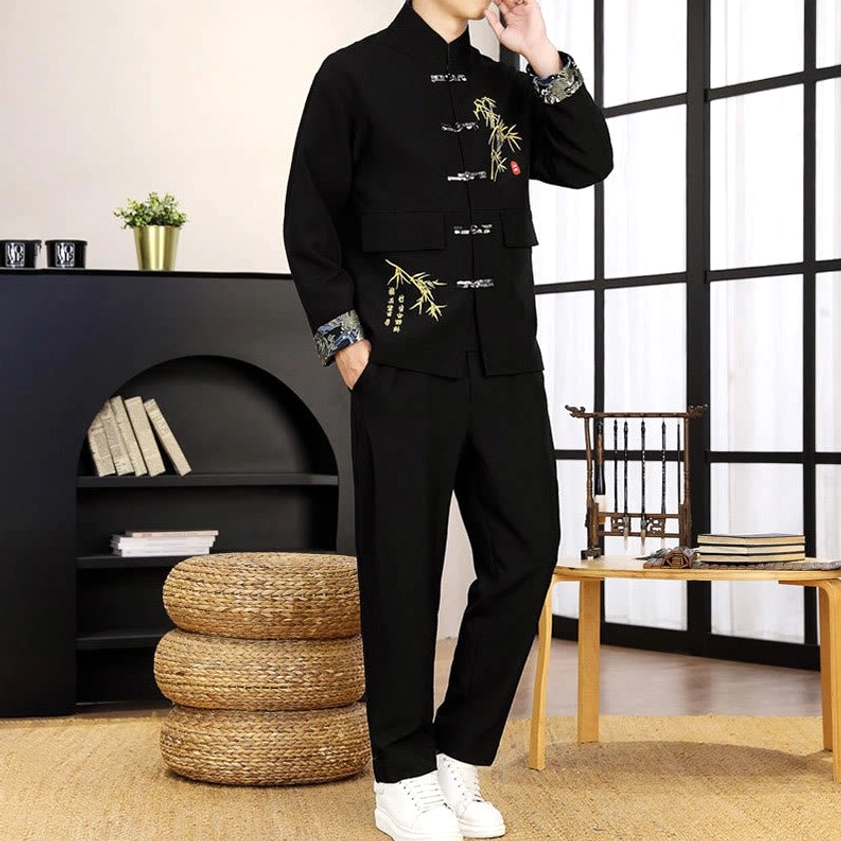Men's traditional Tang suit outfit side profile - full body standing view with matched bamboo embroidered set