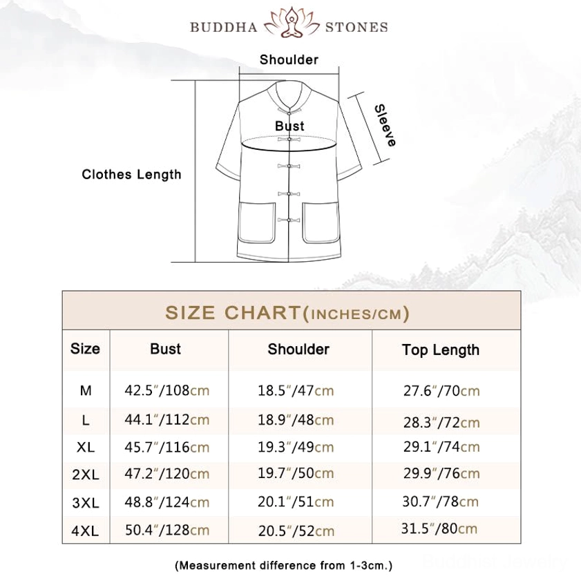 Men's Tang suit top size measurement chart in inches and centimeters with bust and shoulder specifications