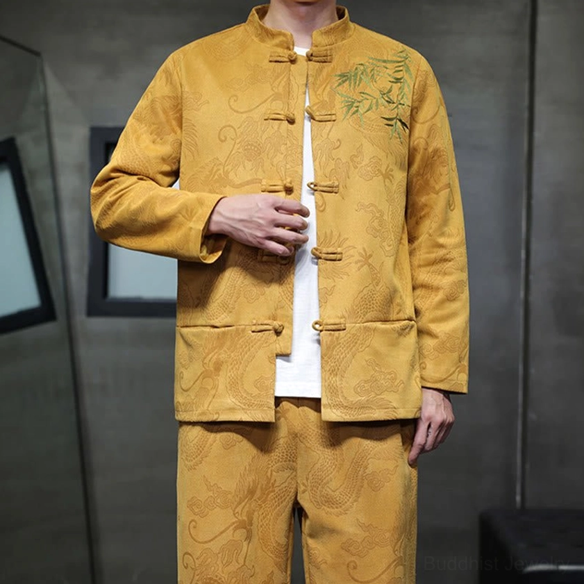Front detail of Tang suit pants showing elastic waistband and natural waistline design