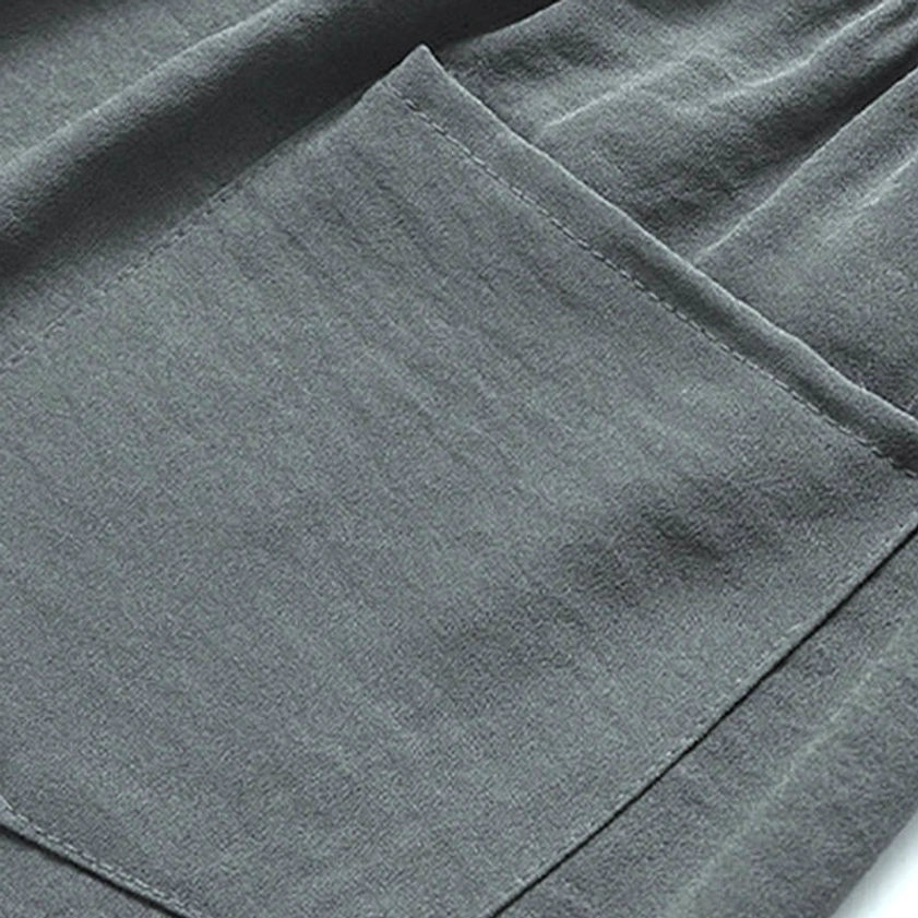 Grey Tang suit matching pants fabric detail showing natural linen-cotton weave and texture
