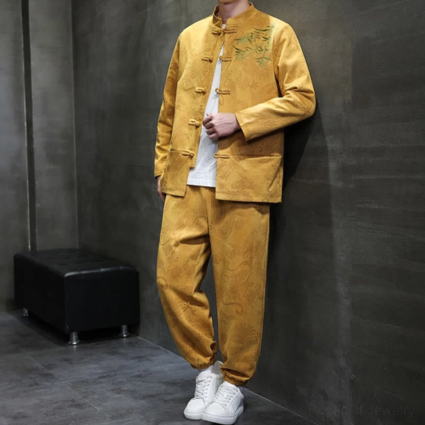 Tang suit two-piece set showing pants waist design and jacket length proportion