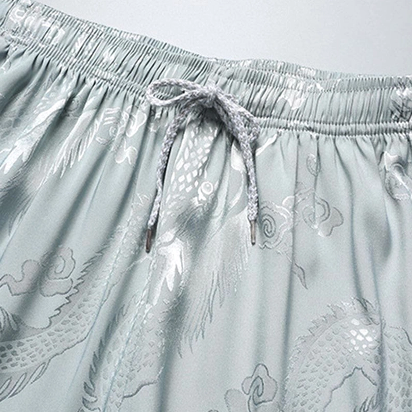 Elastic waistband with drawstring on dragon jacquard Tang suit pants