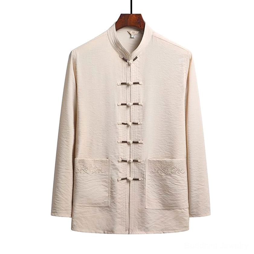 Tang suit shirt in bisque neutral tone with traditional frog closures - single piece front display