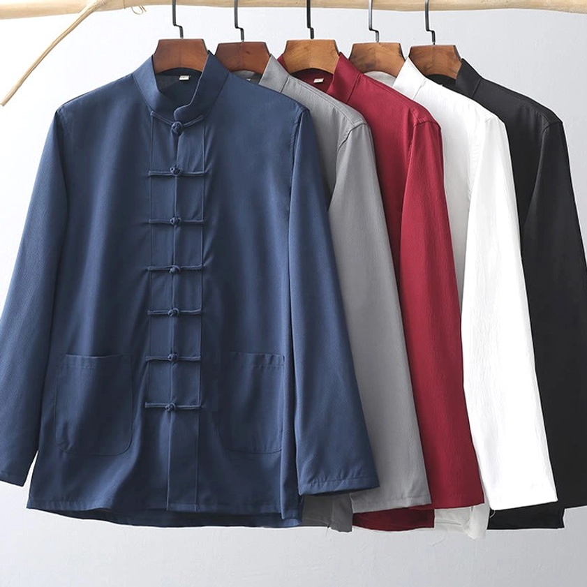 Multiple color variants of traditional frog button tang suit shirts showing stand collar and long sleeve design