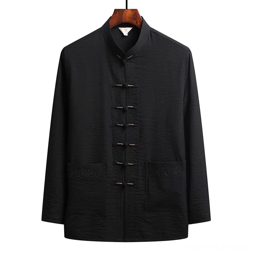 Tang suit shirt showing frog button details and traditional stand collar design - authentic Eastern craftsmanship