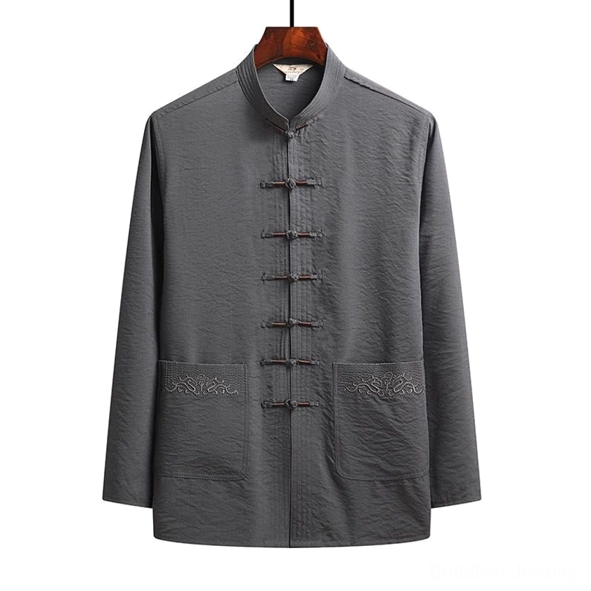 Light gray tang suit shirt with frog button closure and stand collar - single shirt front view
