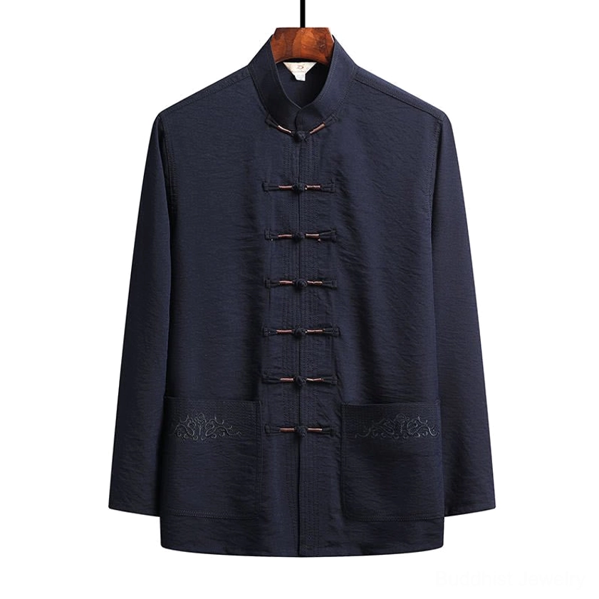 Navy blue tang suit long sleeve shirt with traditional frog buttons and stand collar - front view on white background