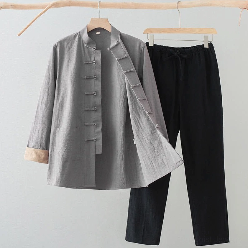 Close-up of Tang suit shirt front placket with frog buttons and traditional mandarin collar detail