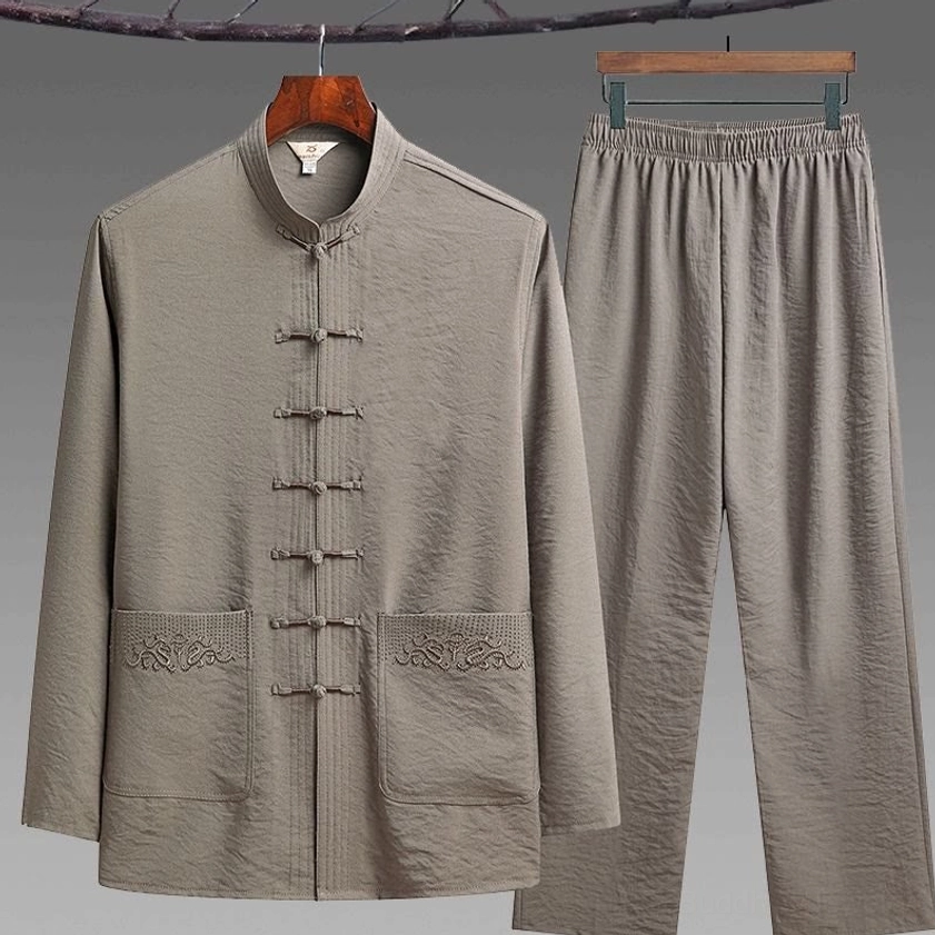 Tang suit collar and shoulder area detail showing traditional Chinese tailoring and stand collar construction