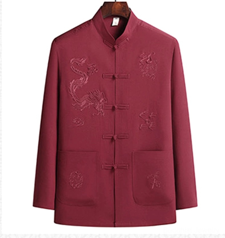 Maroon Tang suit top detail - front hanging display showcasing full Chinese dragon embroidery pattern with traditional stand collar and frog button closure