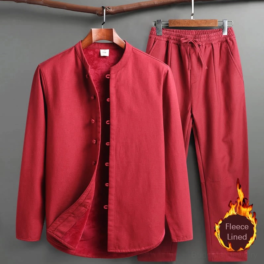 Men's Tang Suit Top and Pants Set - Traditional Red Formal Wear Bundle