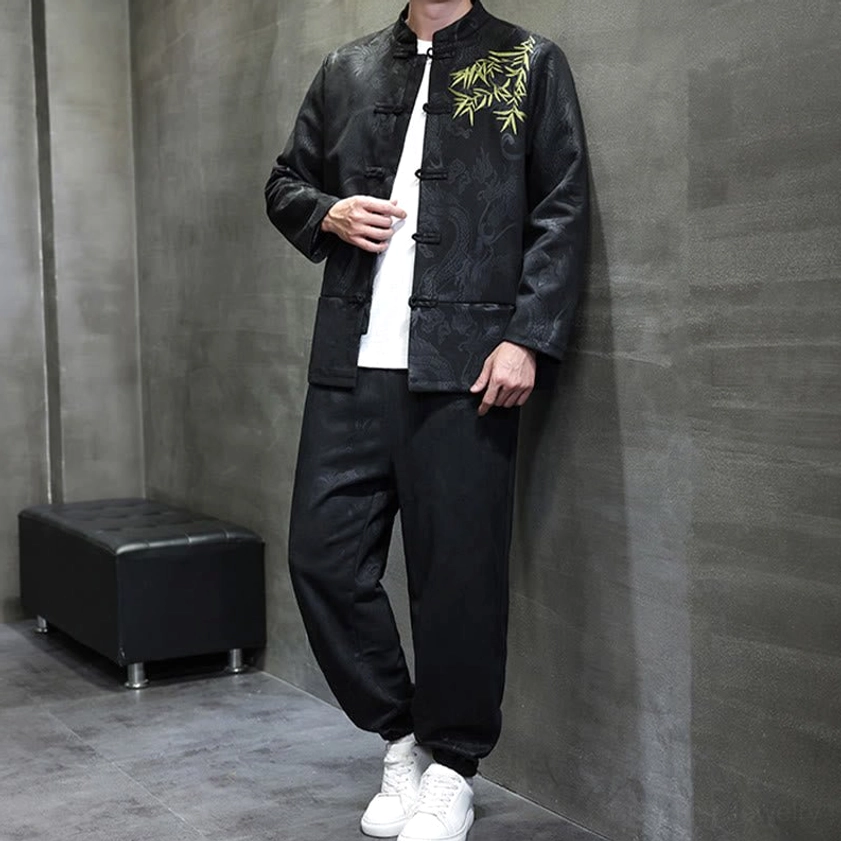 Traditional Tang suit showing embroidery detail and traditional craftsmanship quality