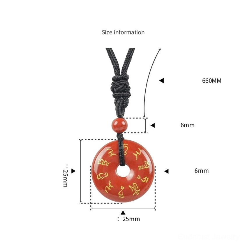 Mantra pendant sizing specifications diagram showing 25mm diameter and 6mm thickness with inch and centimeter measurements