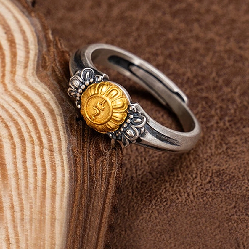Adjustable Tara protection ring showing ornate band design and spiritual Buddhist craftsmanship