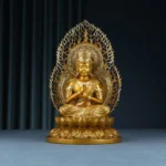 Front view of handcrafted Tathagata Buddha copper statue with ornate lotus pedestal and golden finish halo, perfect for home meditation altar