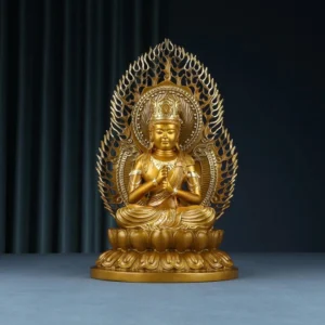Front view of handcrafted Tathagata Buddha copper statue with ornate lotus pedestal and golden finish halo, perfect for home meditation altar