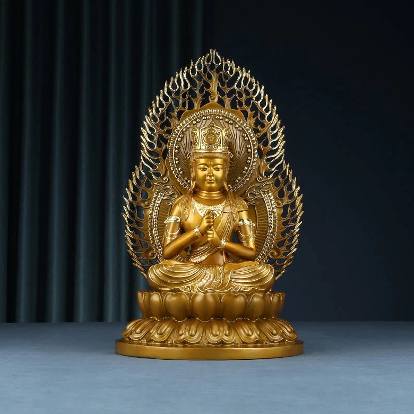 Front view of handcrafted Tathagata Buddha copper statue with ornate lotus pedestal and golden finish halo, perfect for home meditation altar