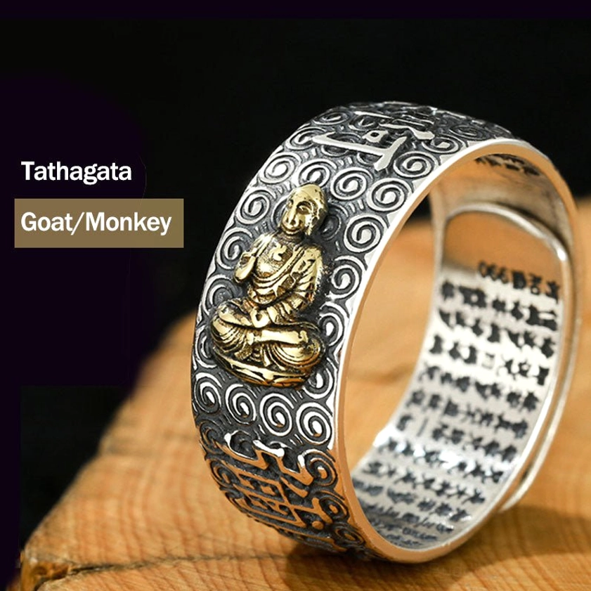 Tathagata Buddha Goat and Monkey Natal Buddha adjustable ring for zodiac sign guidance