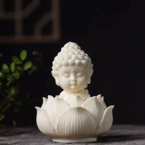 Handcrafted ivory fruit Tathagata Buddha statue on lotus base - front view with intricate carved details