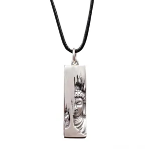 Tathagata Buddha pendant necklace with black leather rope - front view showing detailed Buddha portrait relief on copper pendant