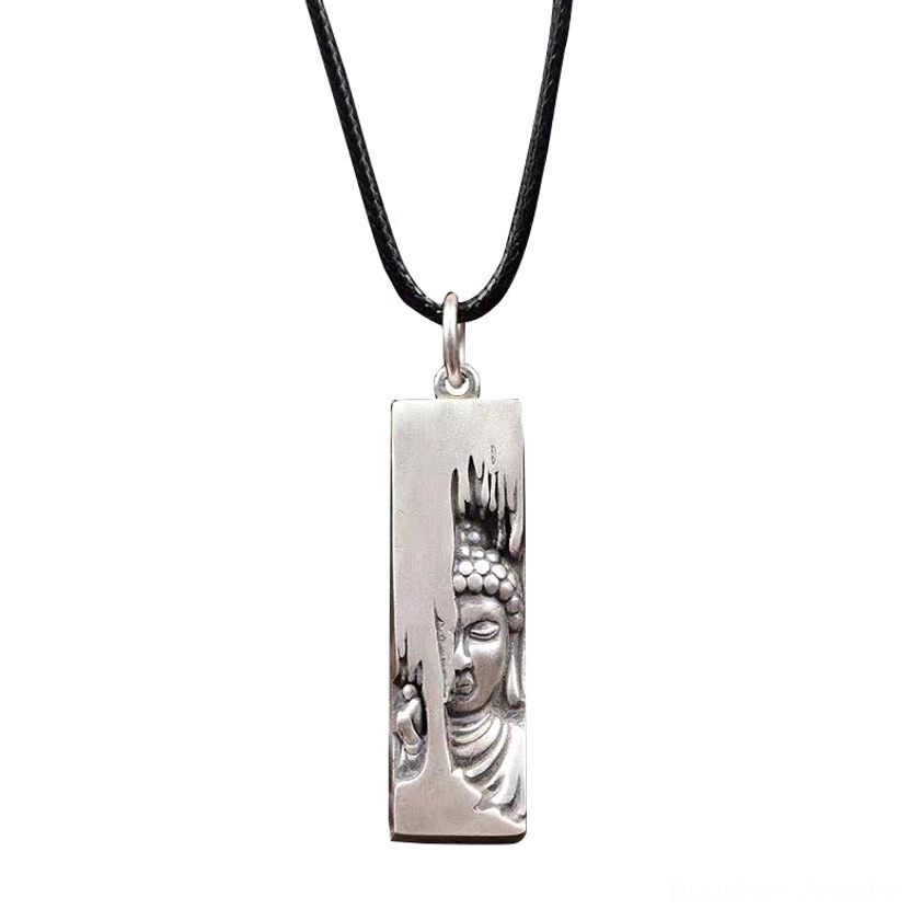Tathagata Buddha pendant necklace with black leather rope - front view showing detailed Buddha portrait relief on copper pendant