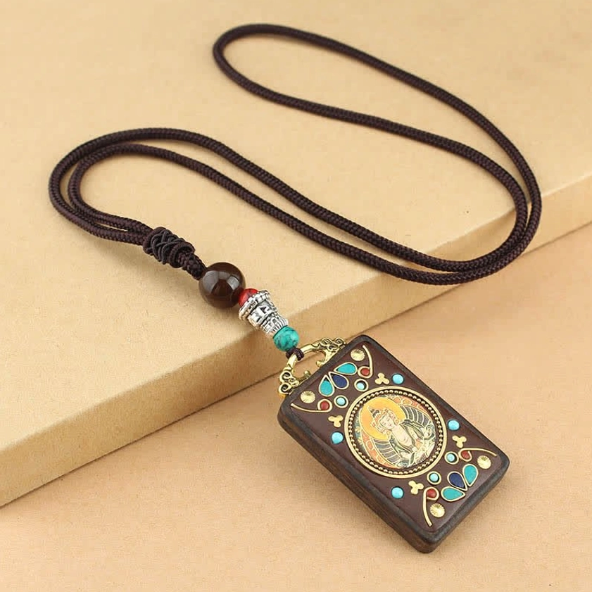 Tathagata Thangka ebony wood pendant necklace, square plaque with Buddhist deity artwork and colorful enamel inlays
