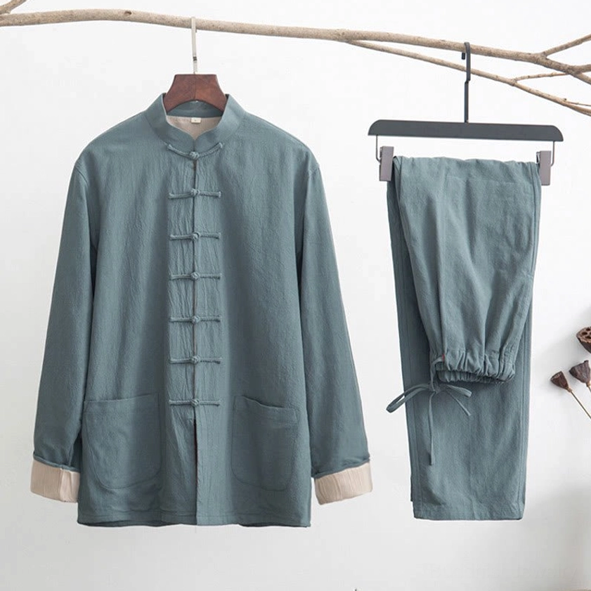 Teal linen zen tang suit two-piece set with drawstring elastic waist pants and dry lotus meditation decor