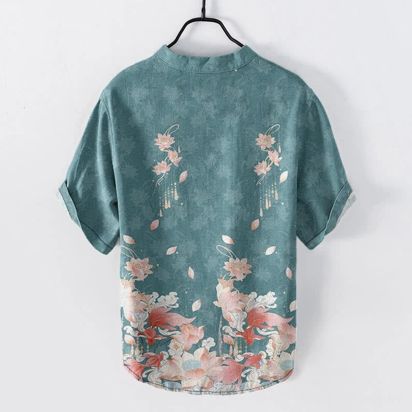 Teal lotus print cotton men's short sleeve shirt back view with matching watercolor floral print and curved hemline