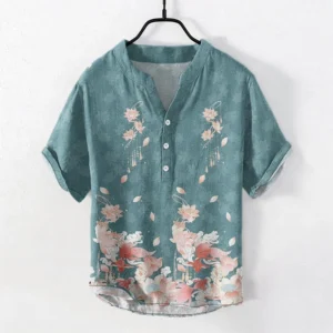 Teal lotus print cotton men's short sleeve shirt front view with stand collar and half button placket design