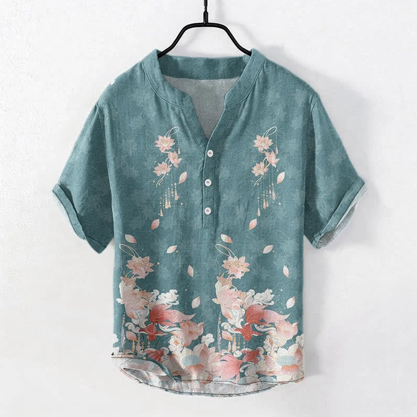 Teal lotus print cotton men's short sleeve shirt front view with stand collar and half button placket design