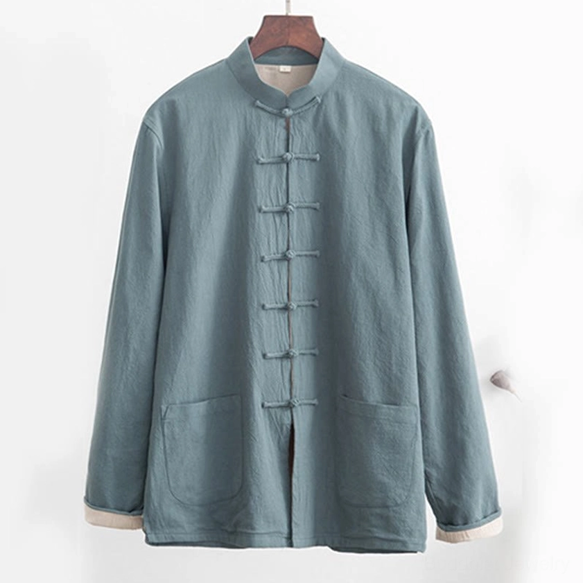 Teal stand collar linen tang shirt close-up with traditional frog buttons and stand collar design for mindful wear