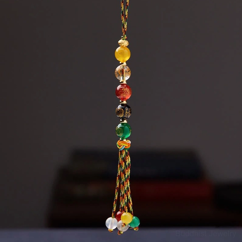 10mm agate Five God of Wealth hanging charm featuring full bead strand with five-color woven rope and detailed tassel