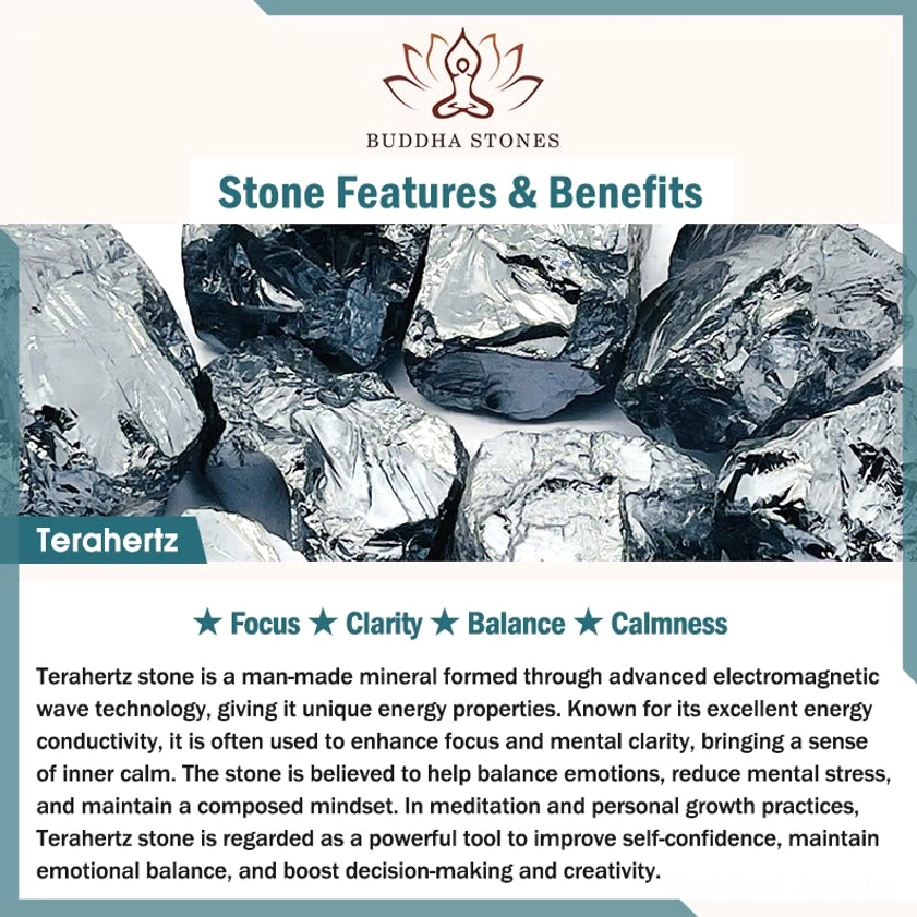 Terahertz stone properties and benefits promotional card with raw crystal photos and spiritual wellness information