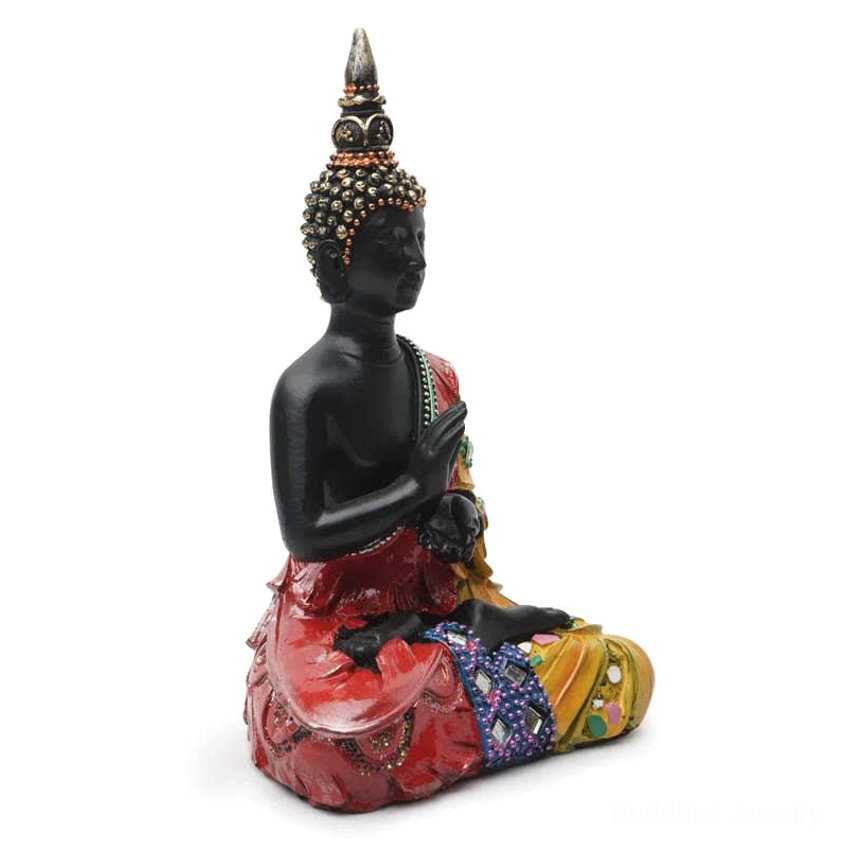 Thai Buddha resin statue right three-quarter front view displaying smooth black resin surface and colorful robes