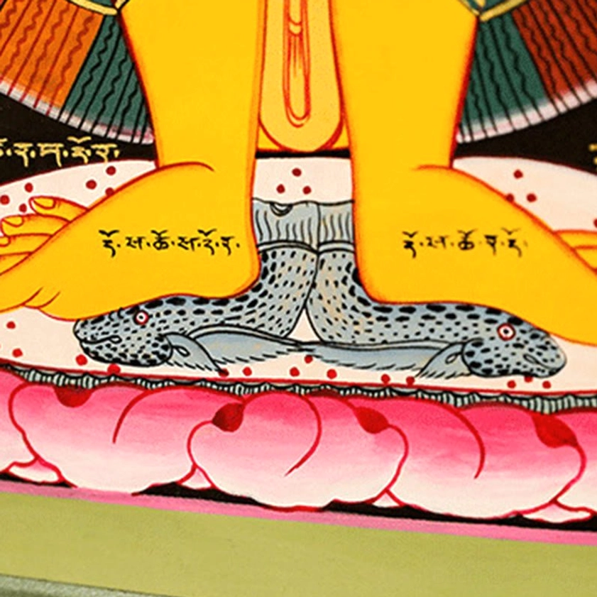 Thangka lower deity section with pink lotus pedestal and sacred creature mythical beast close-up handmade details