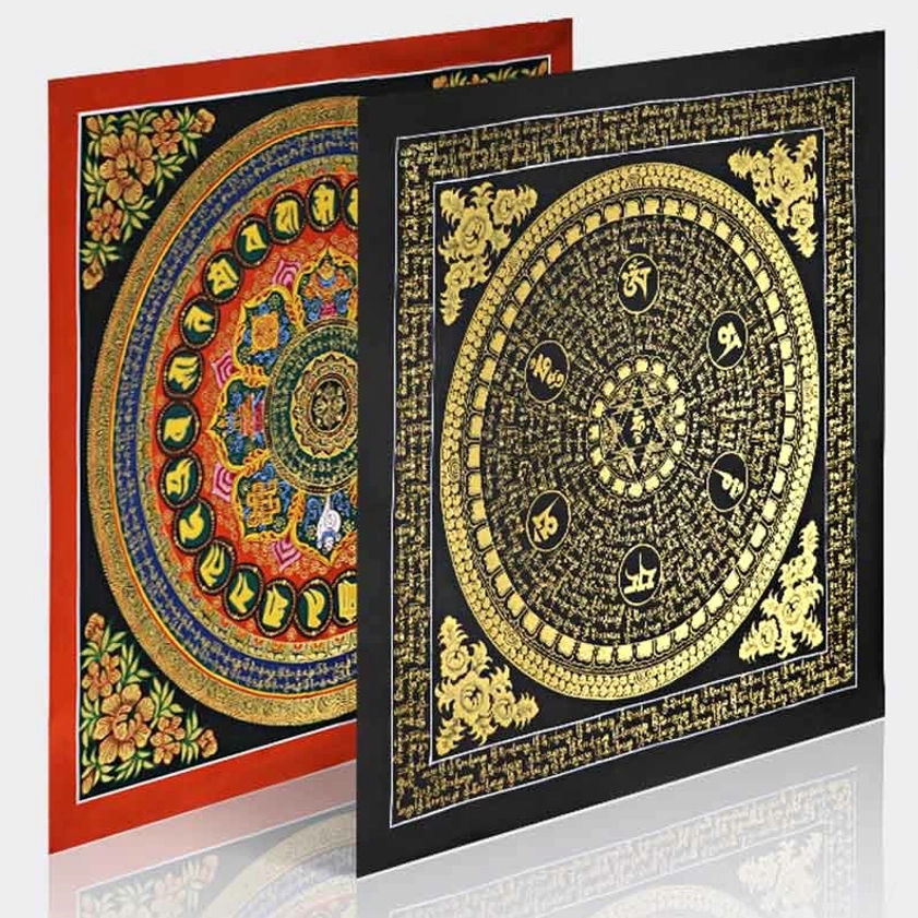 Comparison of two Om Mani Padme Hum thangka styles - colorful floral-framed version and black-gold minimalist Buddhist thangka